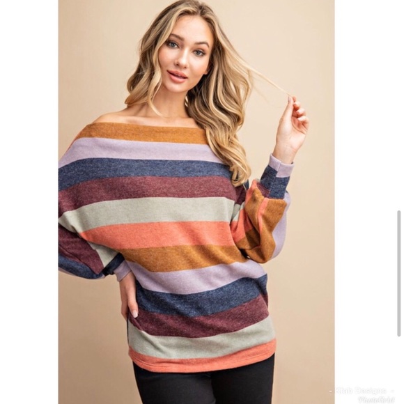 New! Trendy Comfy Off Shoulder Stripe Dolman Top. - Picture 5 of 7